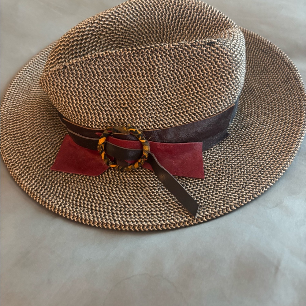 Brown Straw Fedora Hat with Red Bow Accent
